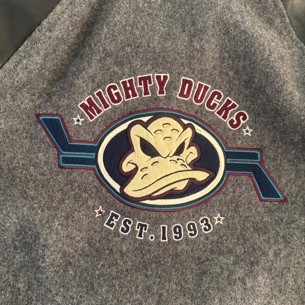 VTG Identity Inc Mighty Ducks Leather Wool Varsity Jacket Gray Made in USA Large - Picture 4 of 15